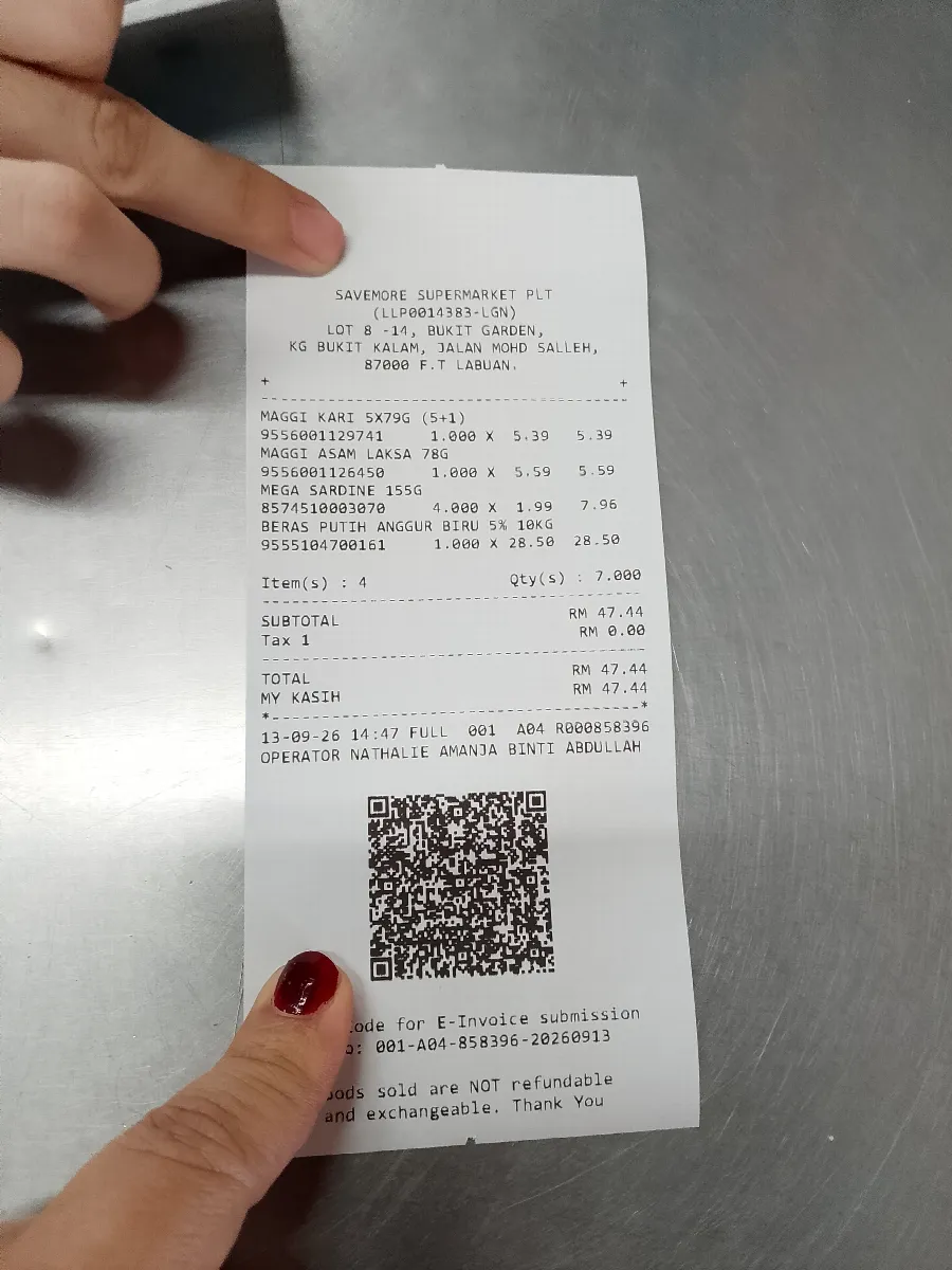 Correct example showing the full receipt