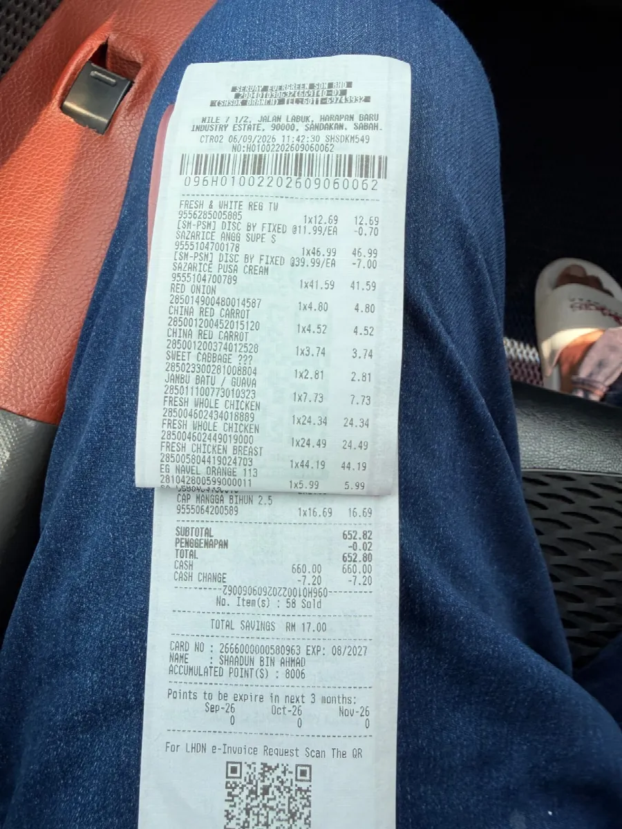 Correct example of a long folded receipt